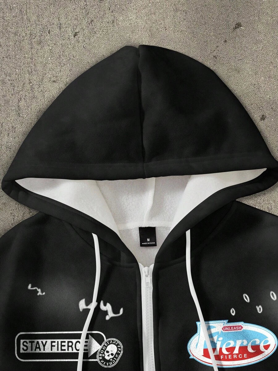 Pentagram Print Zip Front Drawstring Hoodie