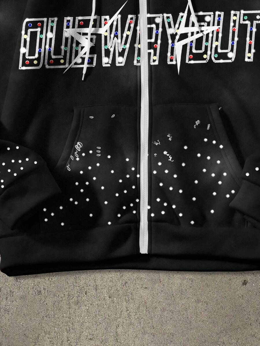 Pentagram Print Zip Front Drawstring Hoodie