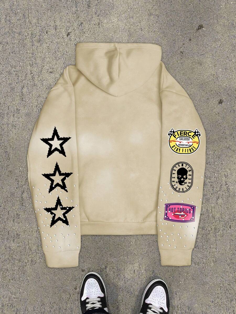 Pentagram Print Zip Front Drawstring Hoodie