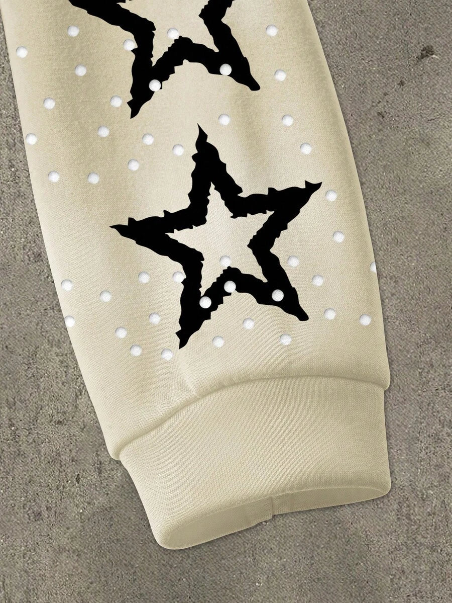 Pentagram Print Zip Front Drawstring Hoodie