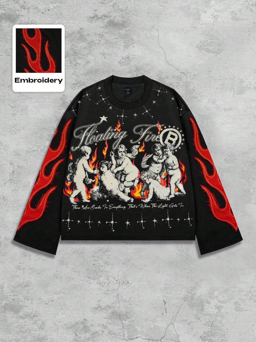 Distressed Saint Graphic Print Long Sleeve Crew Neck Men's T-Shirt