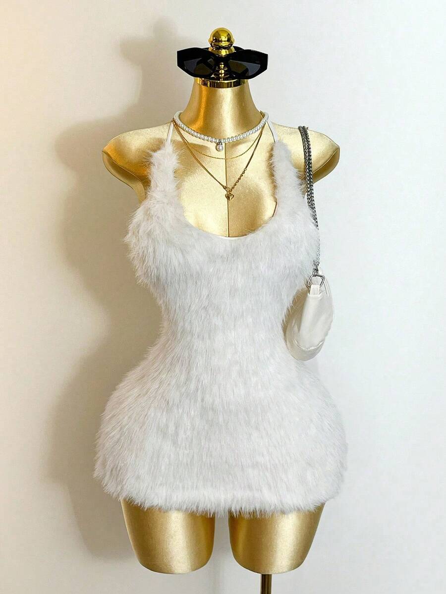 Plush U-Neck Backless Tie Detail Dress