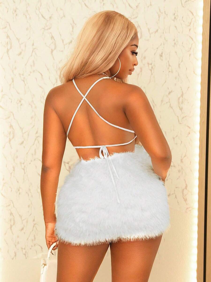 Plush U-Neck Backless Tie Detail Dress