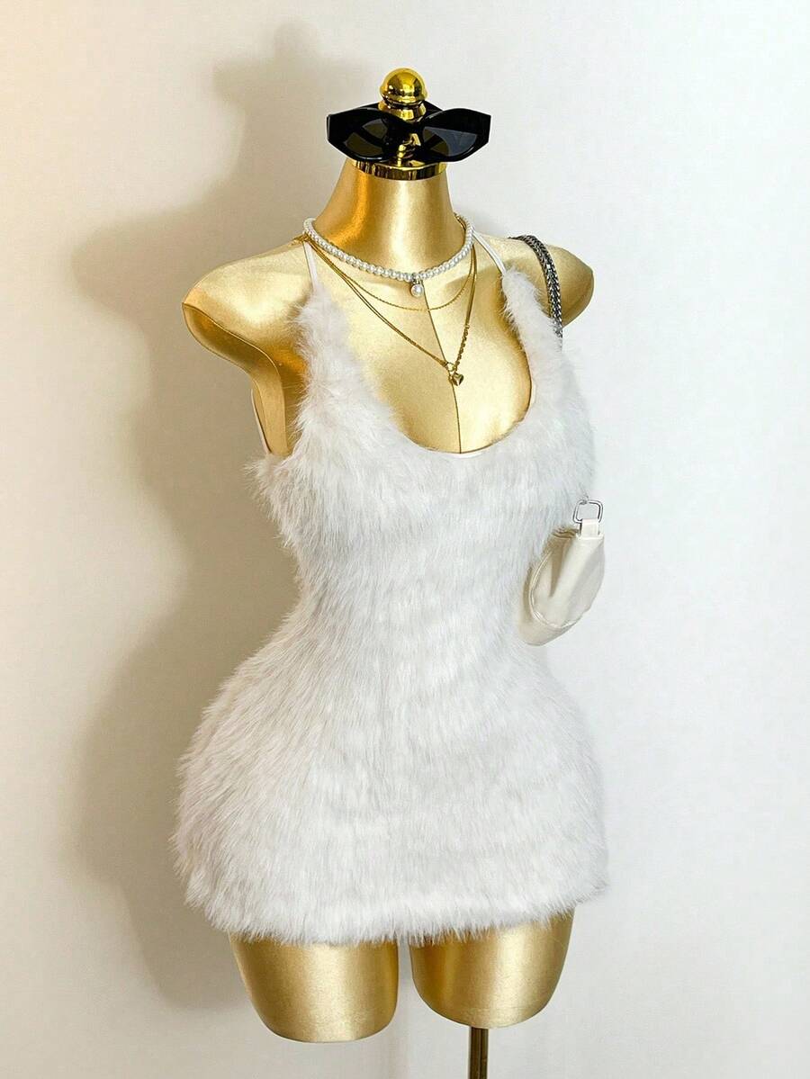 Plush U-Neck Backless Tie Detail Dress