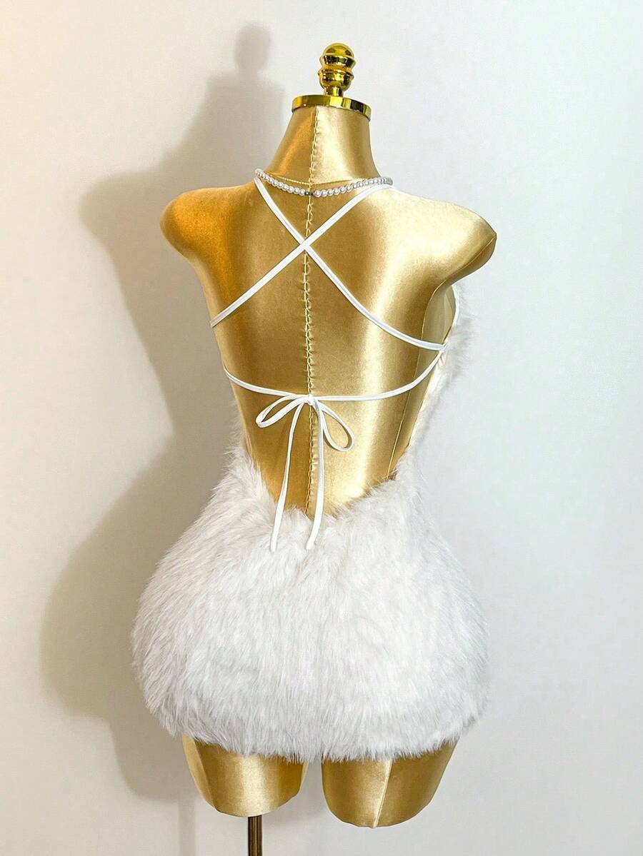 Plush U-Neck Backless Tie Detail Dress