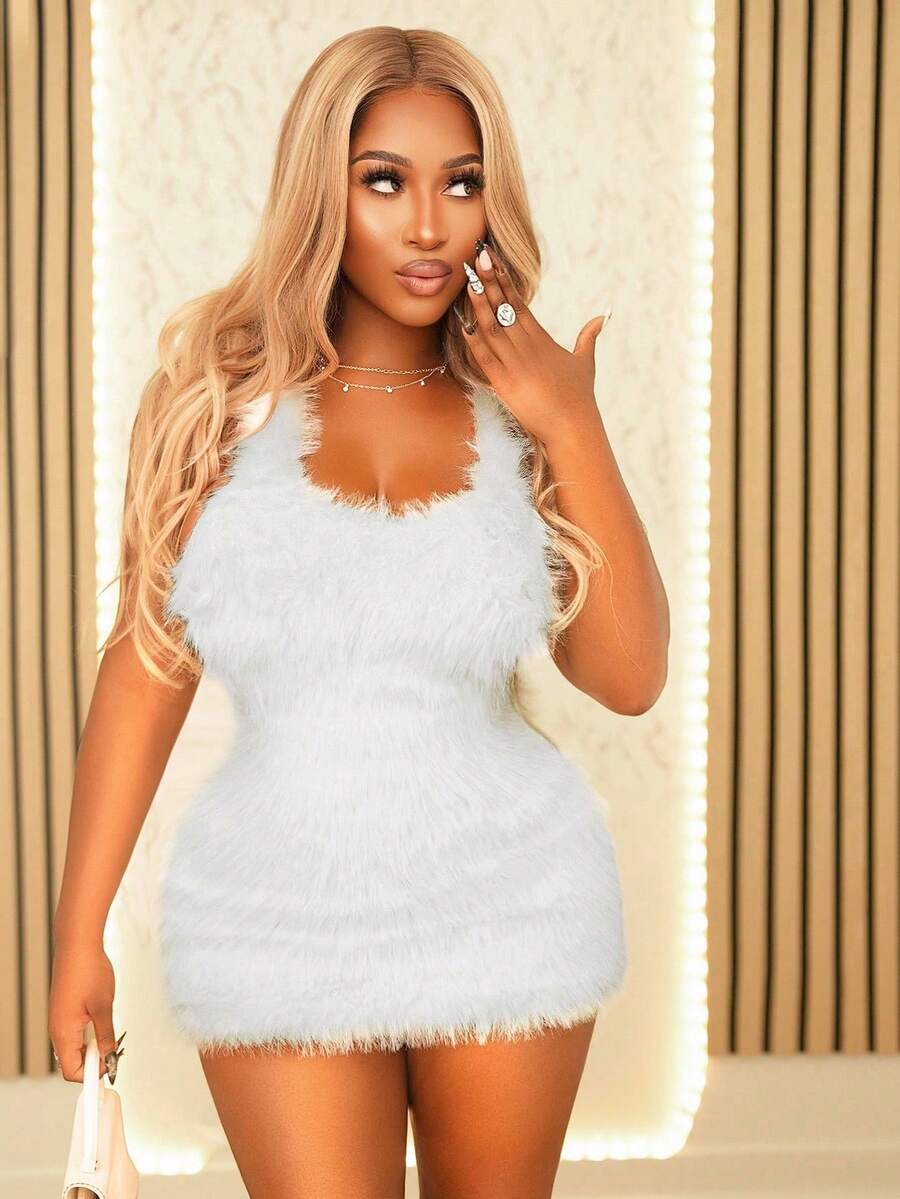 Plush U-Neck Backless Tie Detail Dress