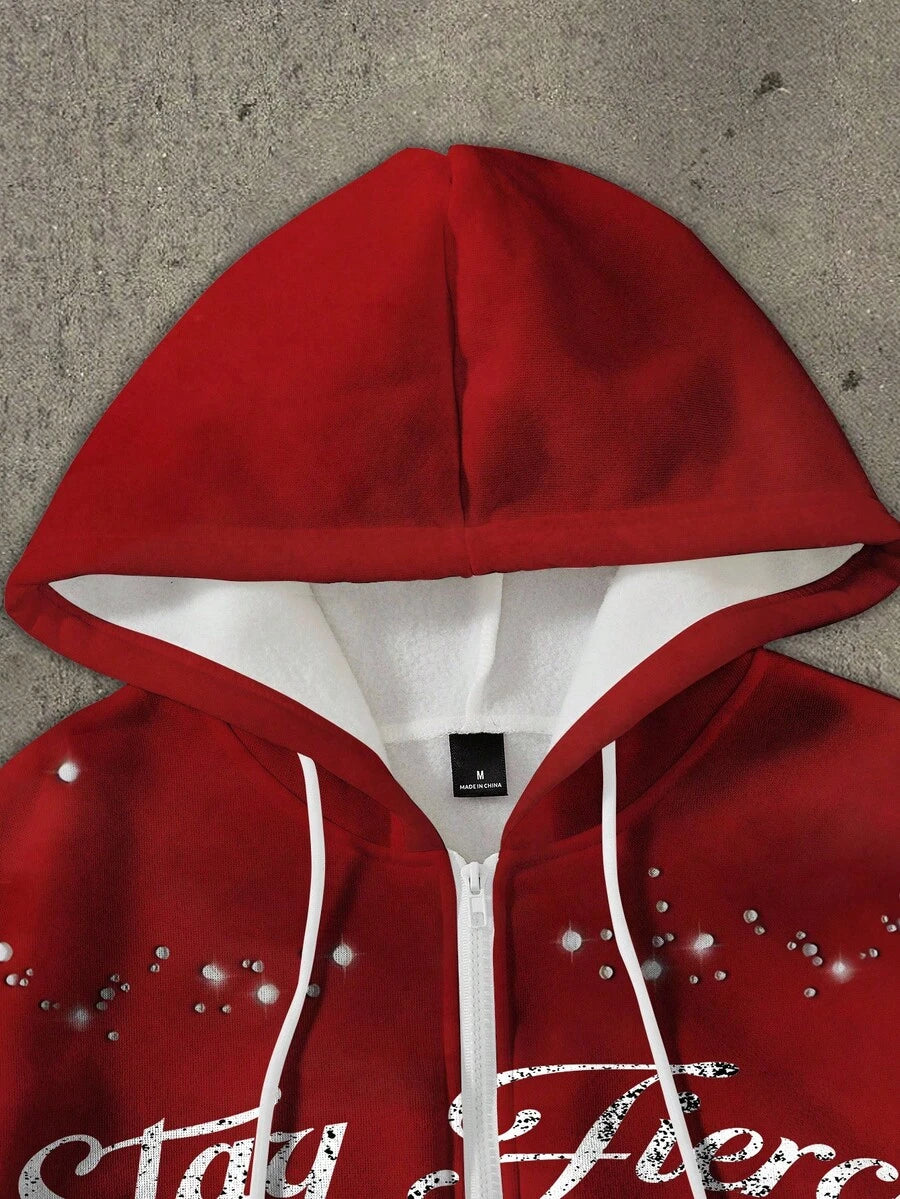 Pentagram Print Zip Front Drawstring Hoodie