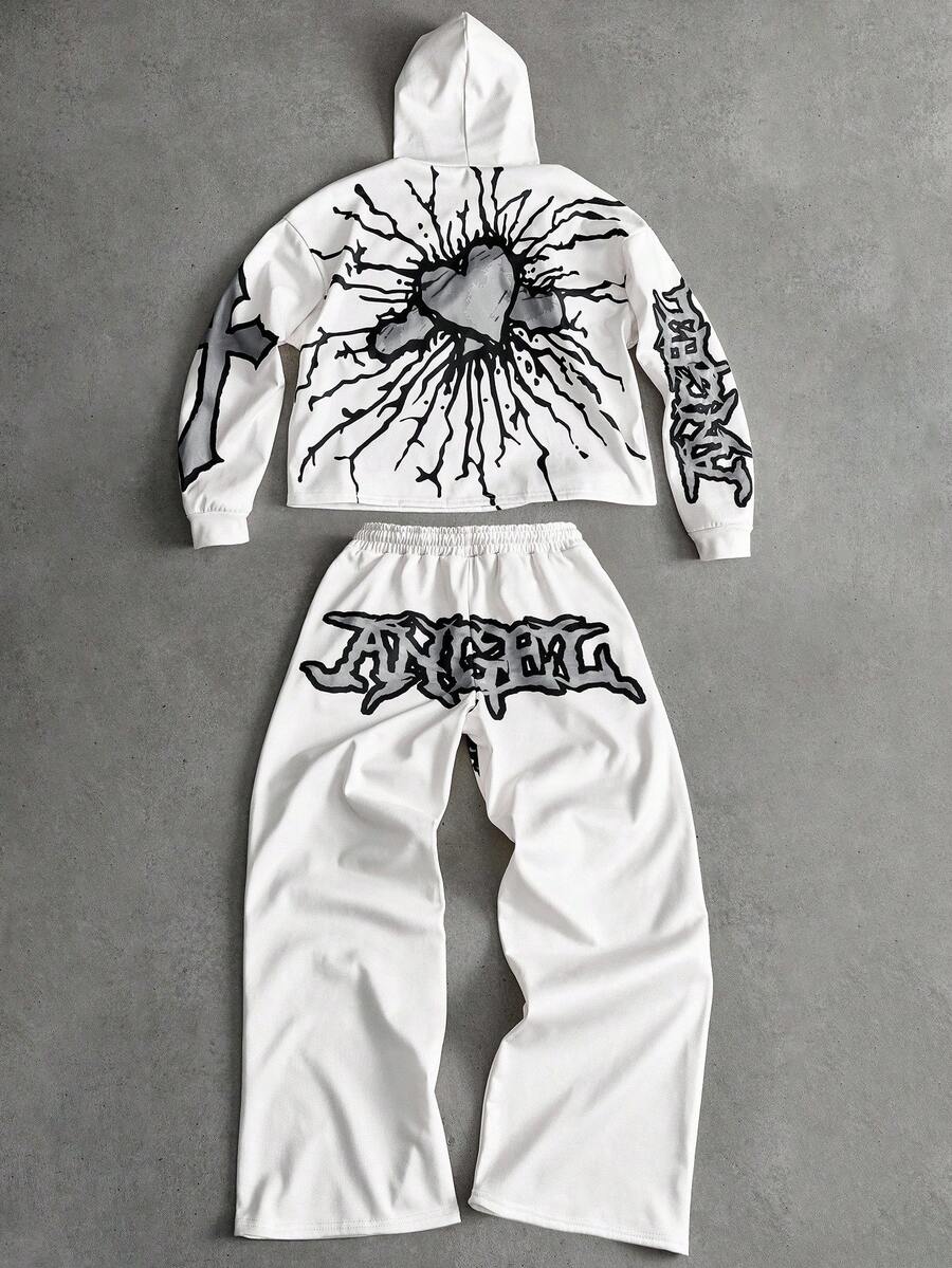 Angel Heart Print Hoodie Pants Set