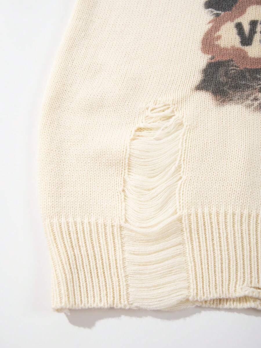 Men's Retro Artistic Oil Painting Style Print Long Sleeve Crew Neck Pullover Knit Sweater