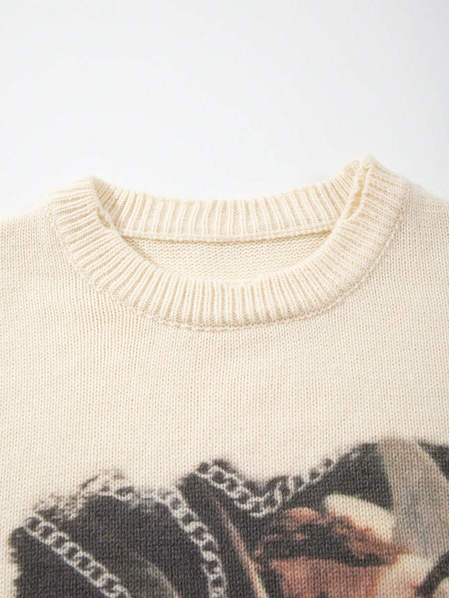 Men's Retro Artistic Oil Painting Style Print Long Sleeve Crew Neck Pullover Knit Sweater