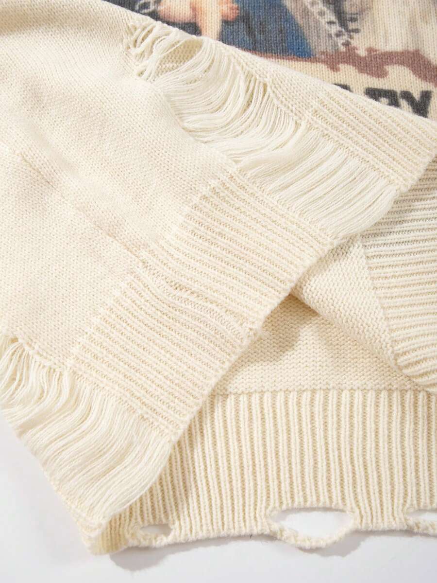 Men's Retro Artistic Oil Painting Style Print Long Sleeve Crew Neck Pullover Knit Sweater