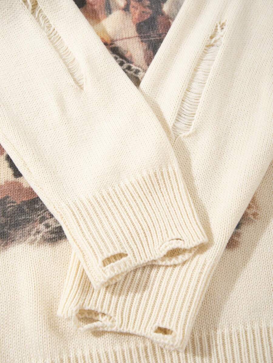 Men's Retro Artistic Oil Painting Style Print Long Sleeve Crew Neck Pullover Knit Sweater