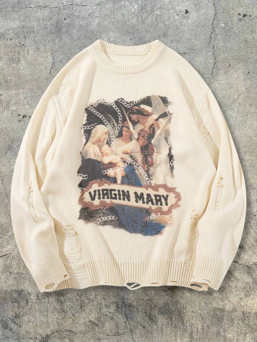 Men's Retro Artistic Oil Painting Style Print Long Sleeve Crew Neck Pullover Knit Sweater