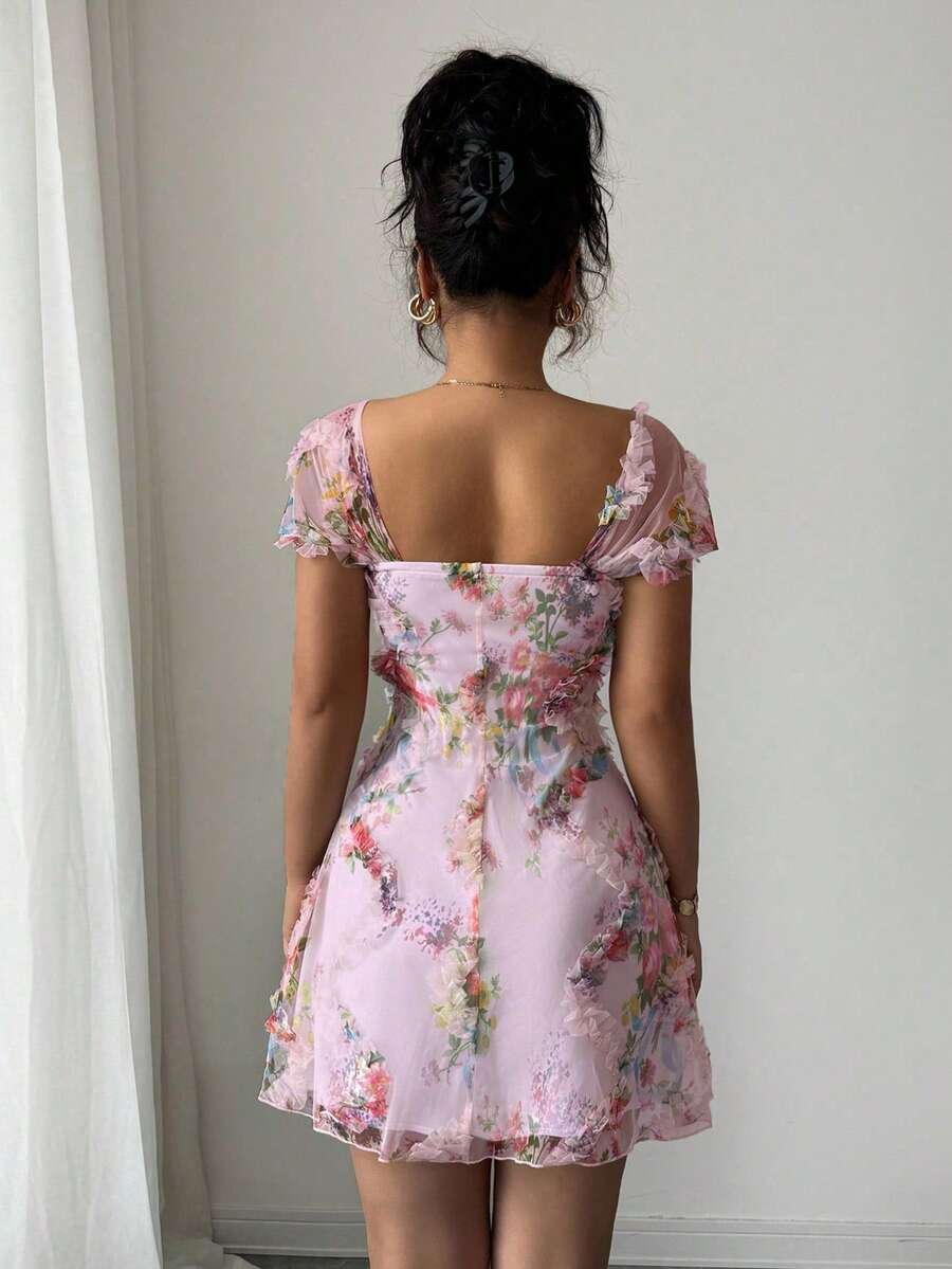 Retro Ditsy Floral Mesh Frill Hem Form-Fitting Slip Dress