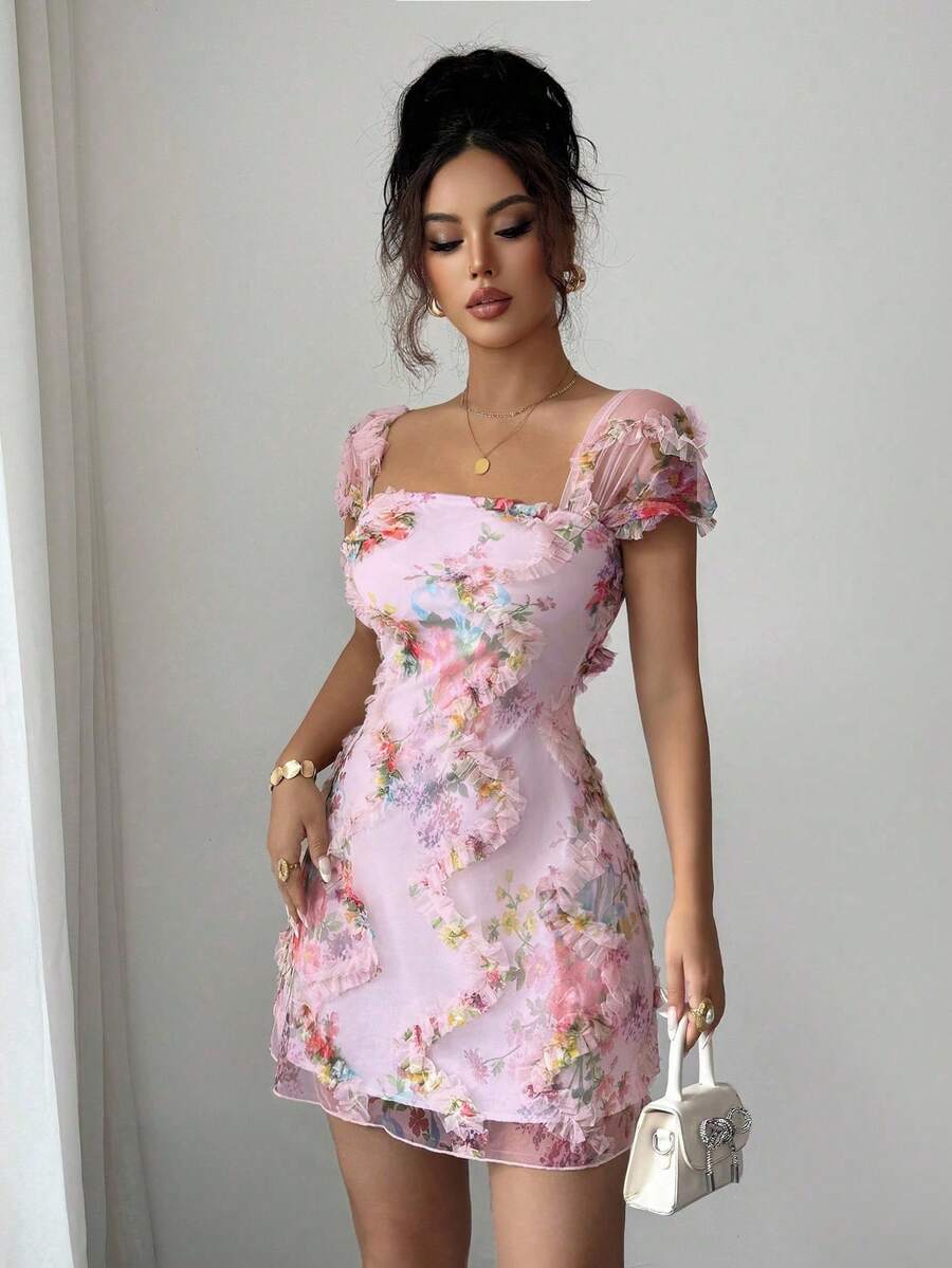 Retro Ditsy Floral Mesh Frill Hem Form-Fitting Slip Dress