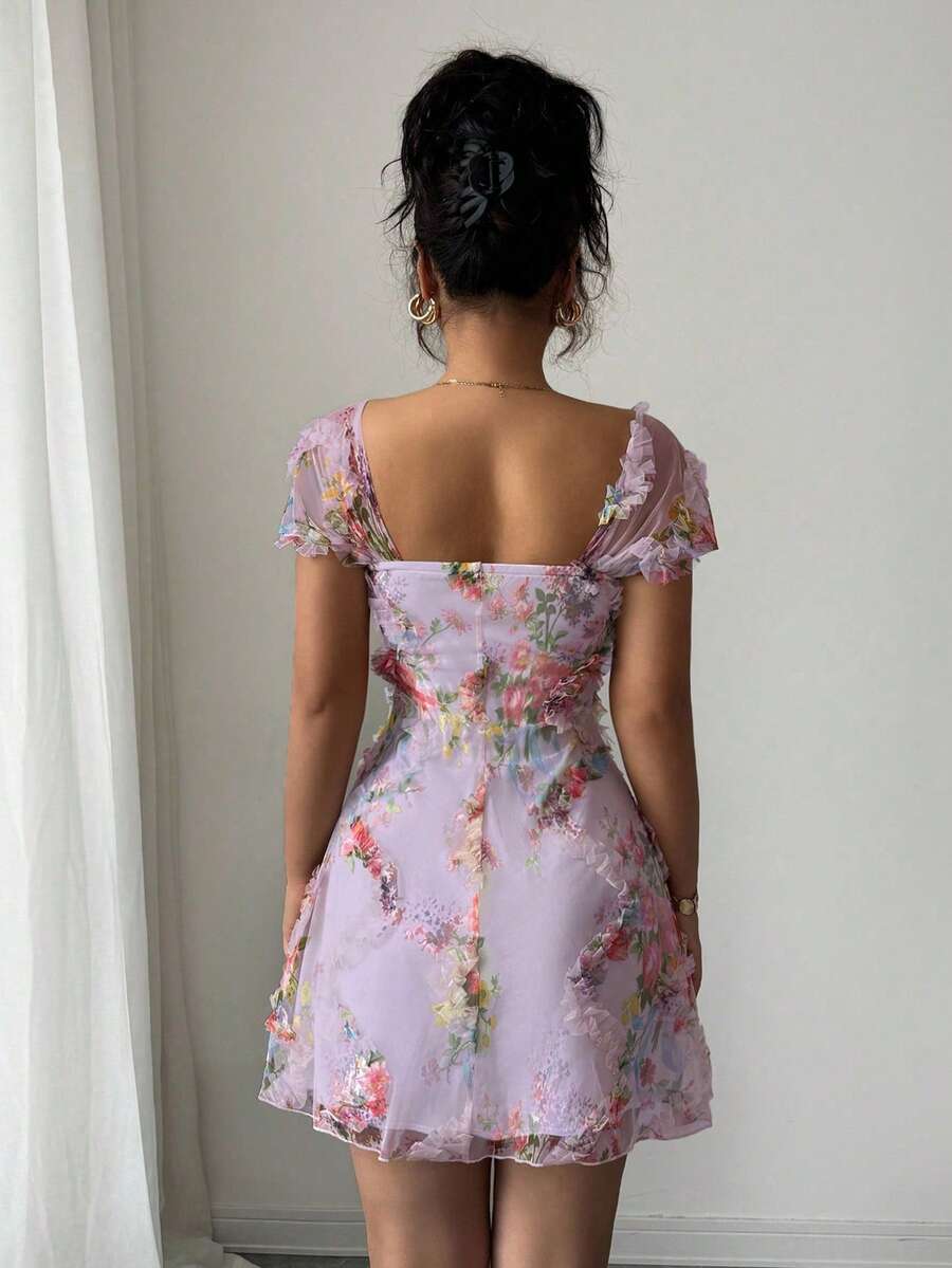 Retro Ditsy Floral Mesh Frill Hem Form-Fitting Slip Dress