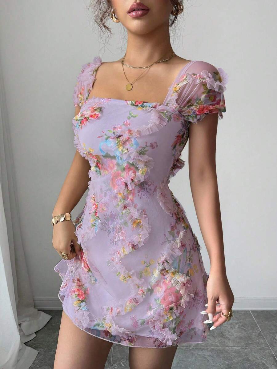 Retro Ditsy Floral Mesh Frill Hem Form-Fitting Slip Dress