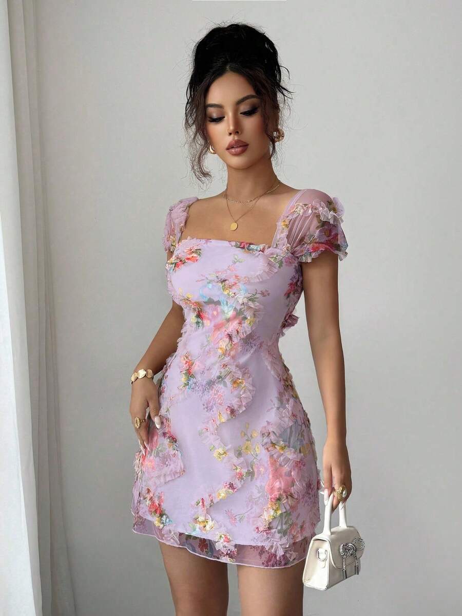 Retro Ditsy Floral Mesh Frill Hem Form-Fitting Slip Dress