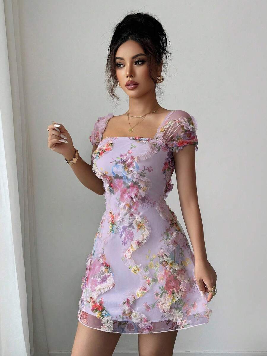 Retro Ditsy Floral Mesh Frill Hem Form-Fitting Slip Dress