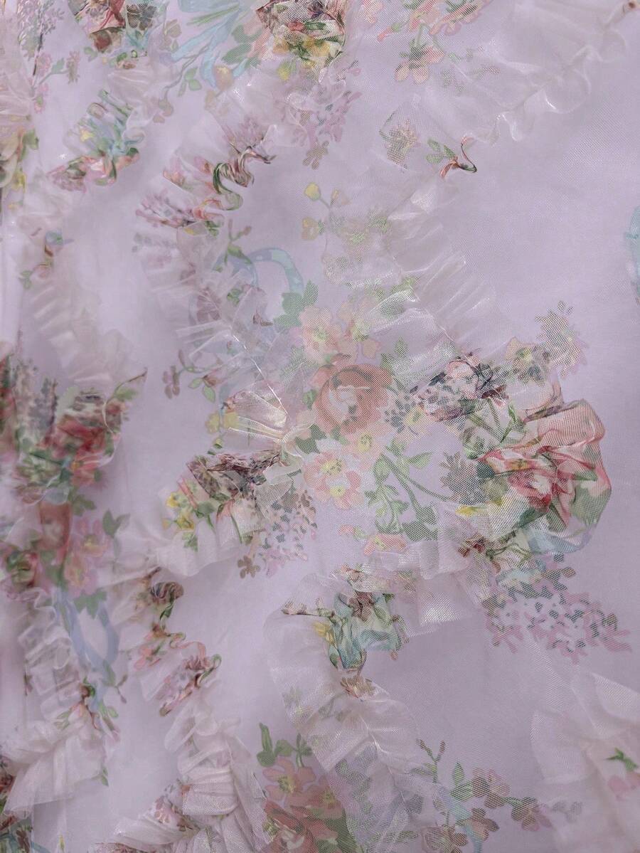 Retro Ditsy Floral Mesh Frill Hem Form-Fitting Slip Dress