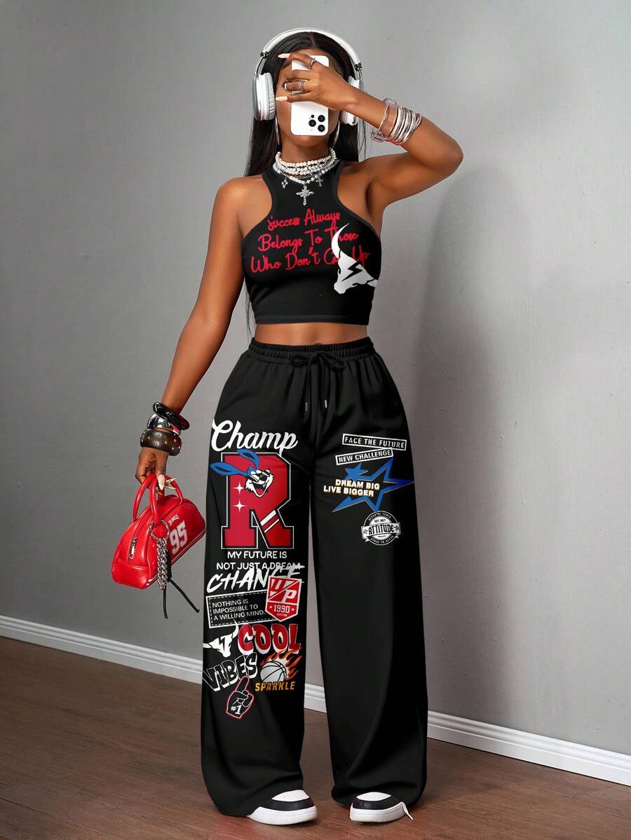 2pcs Women Casual Tight Camisole And Loose Pants Set