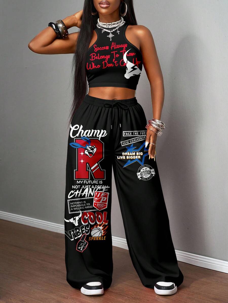 2pcs Women Casual Tight Camisole And Loose Pants Set