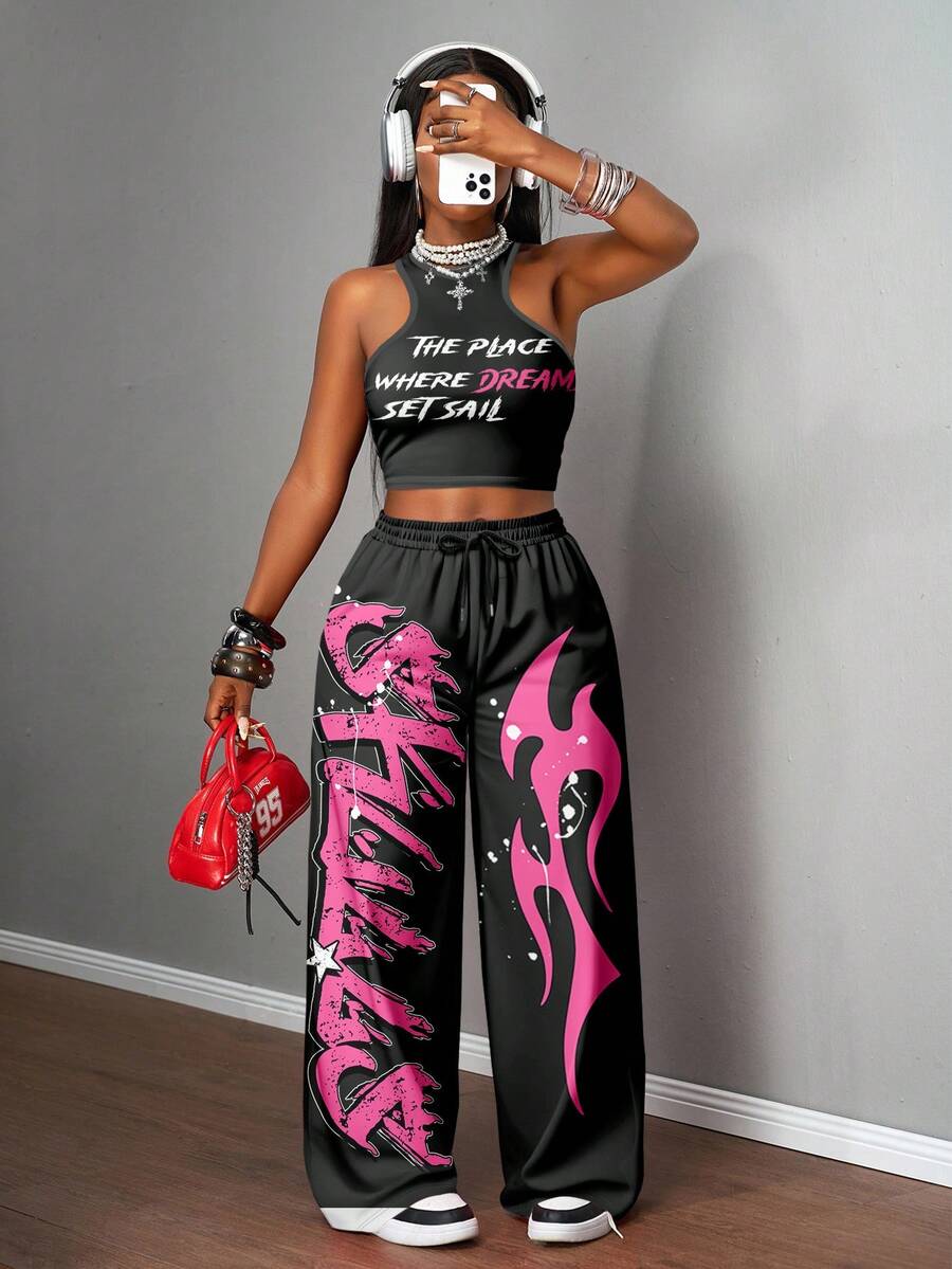 2pcs Women Casual Tight Camisole And Loose Pants Set