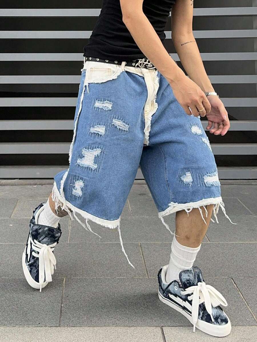 Men's Contrast Color Fringe Casual Denim Shorts