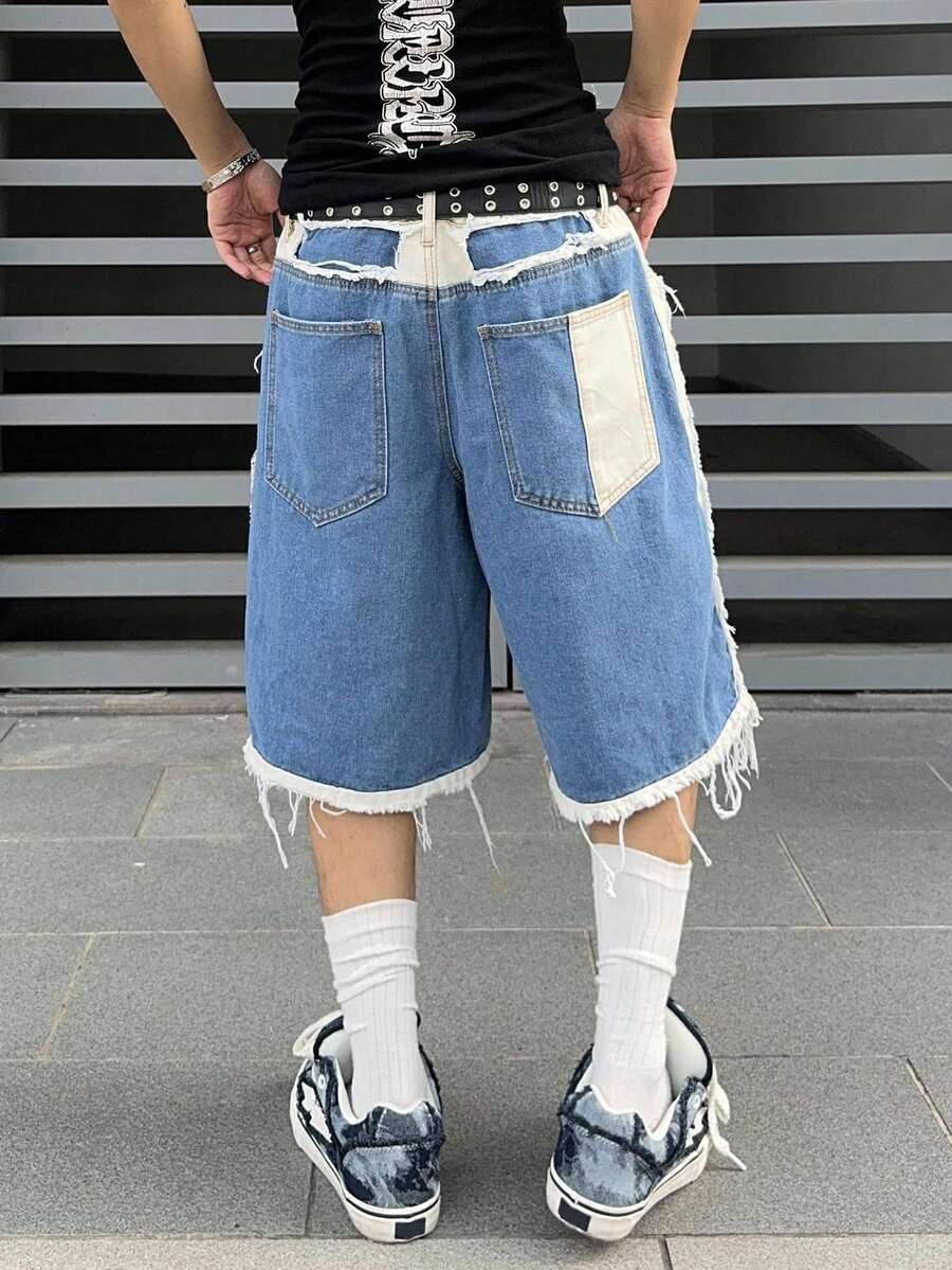 Men's Contrast Color Fringe Casual Denim Shorts