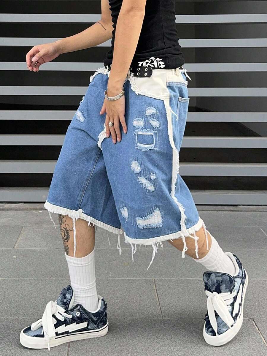 Men's Contrast Color Fringe Casual Denim Shorts