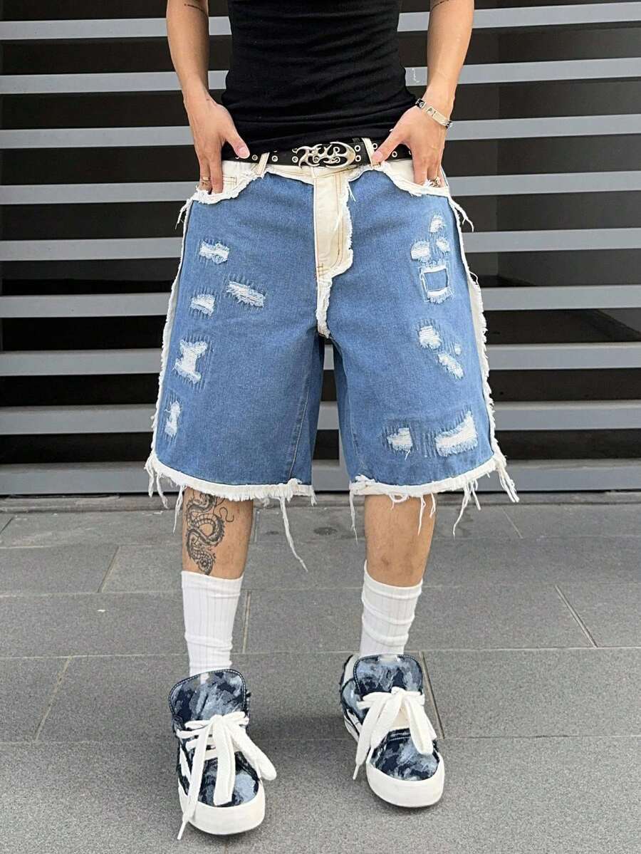 Men's Contrast Color Fringe Casual Denim Shorts
