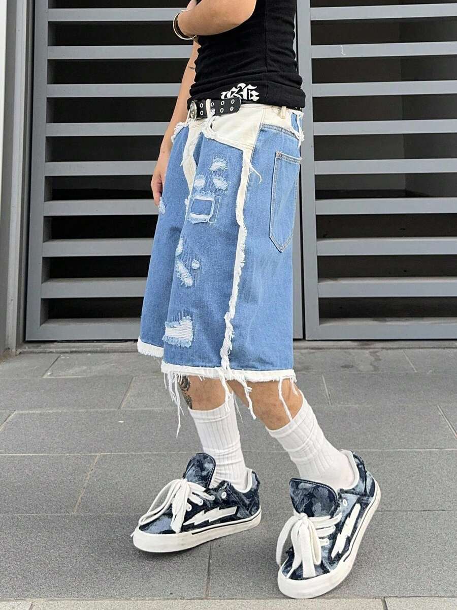 Men's Contrast Color Fringe Casual Denim Shorts