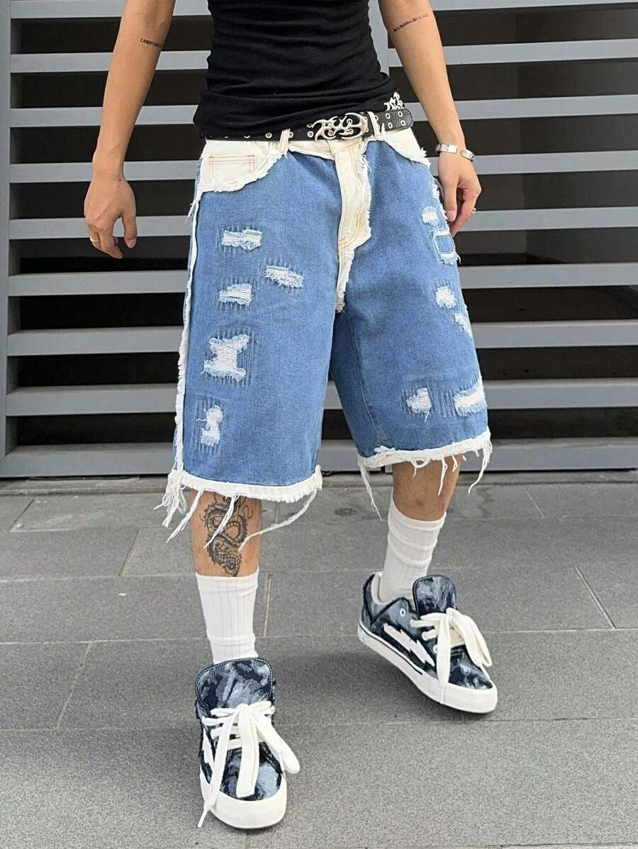 Men's Contrast Color Fringe Casual Denim Shorts