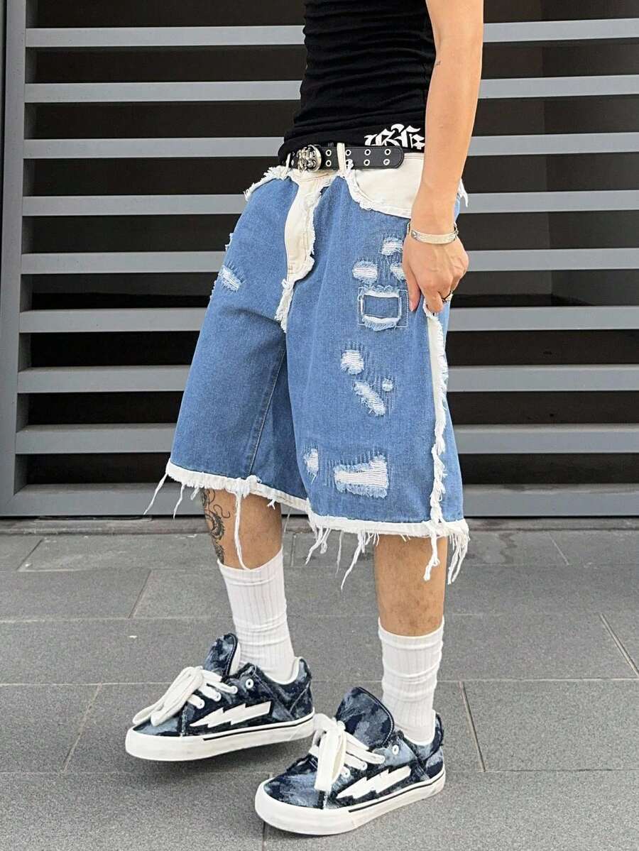 Men's Contrast Color Fringe Casual Denim Shorts