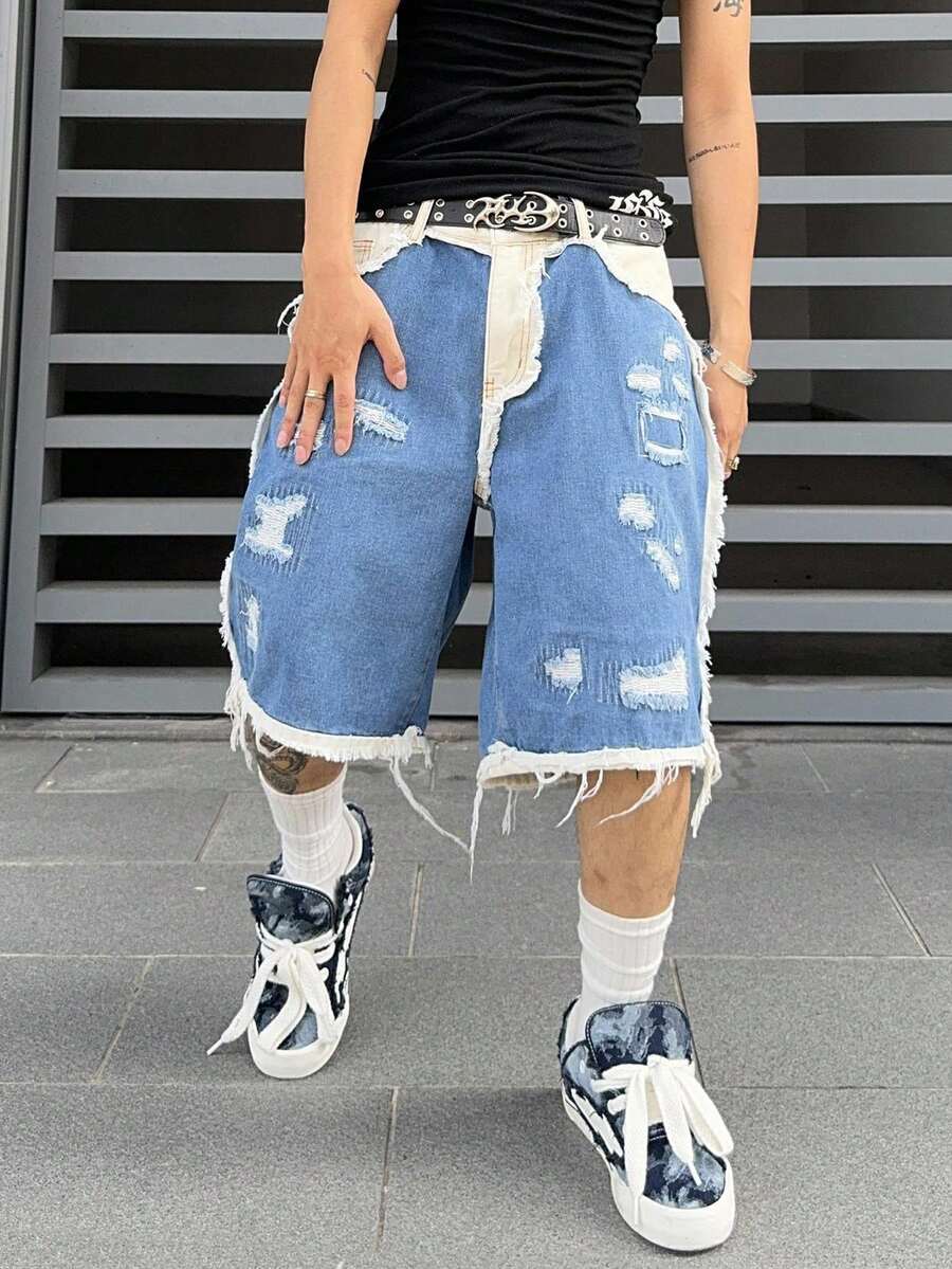 Men's Contrast Color Fringe Casual Denim Shorts