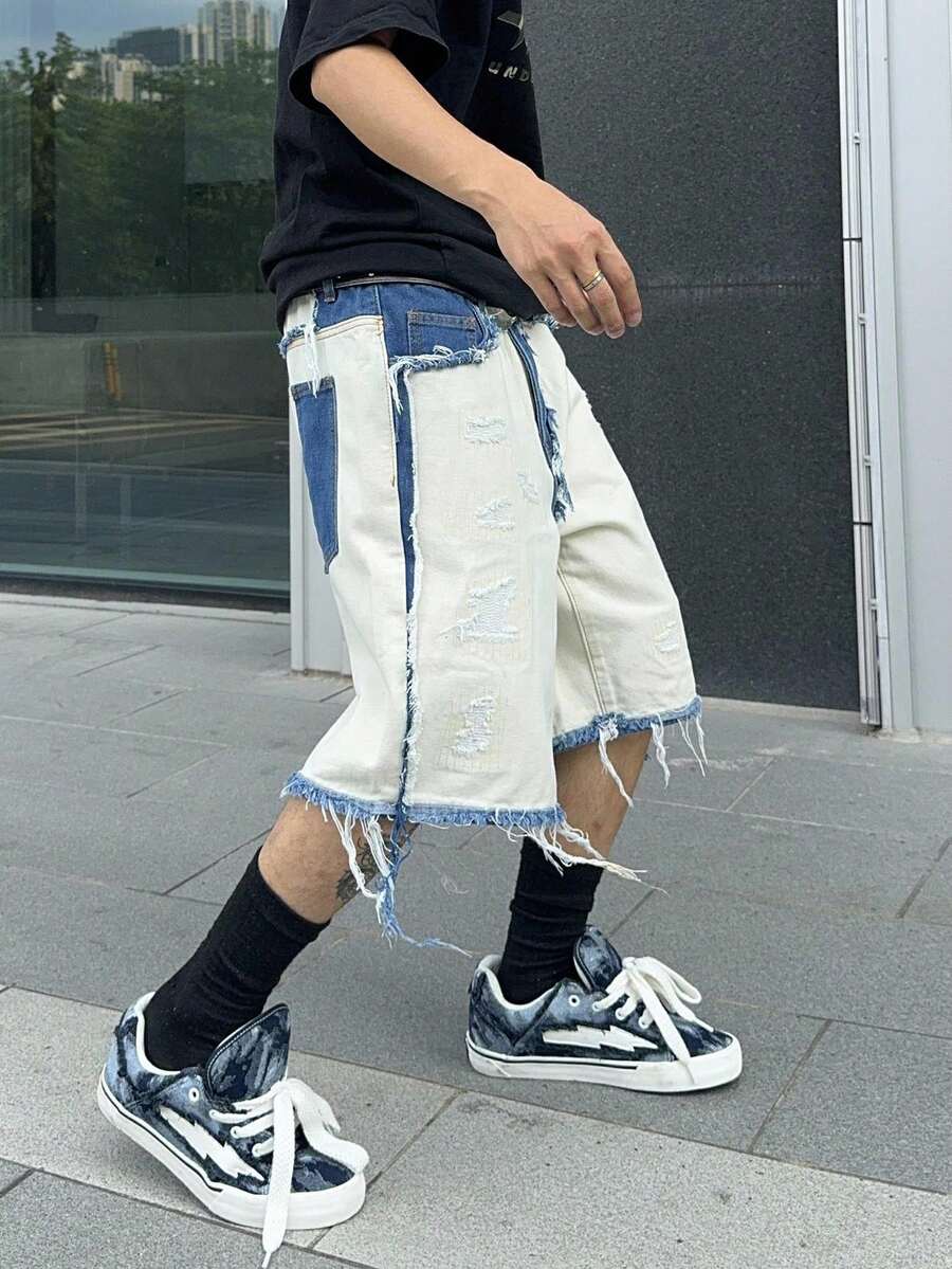 Men's Contrast Color Fringe Casual Denim Shorts
