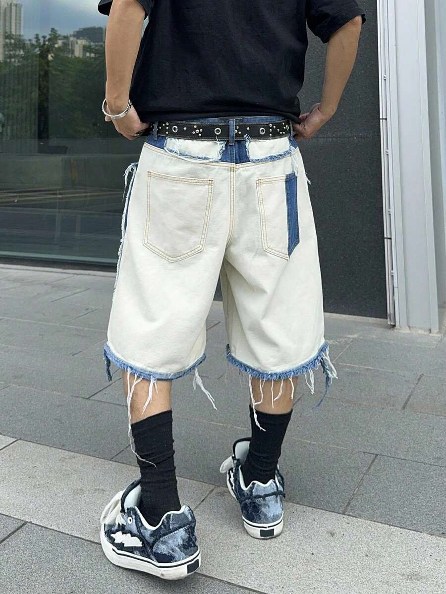 Men's Contrast Color Fringe Casual Denim Shorts