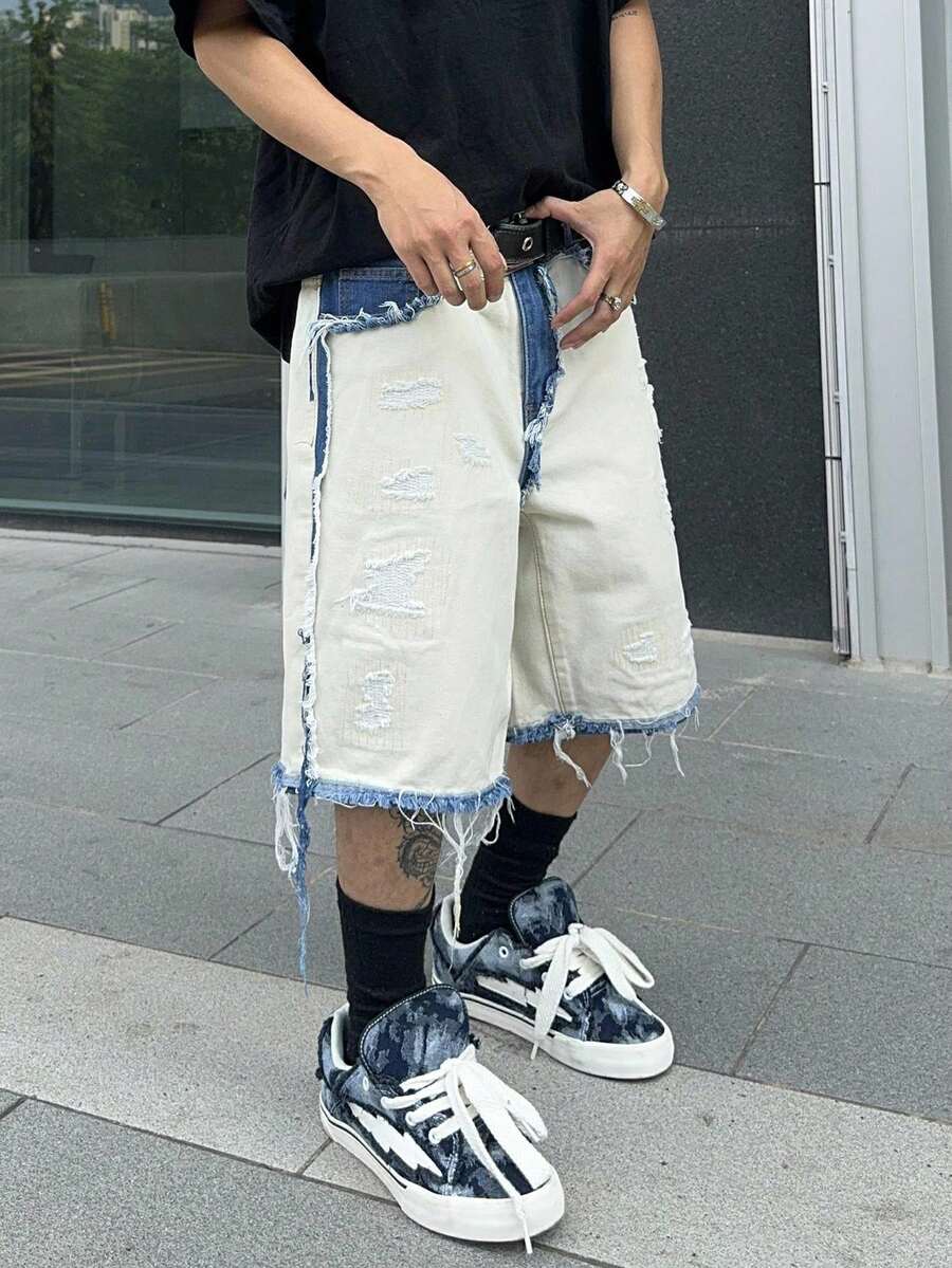 Men's Contrast Color Fringe Casual Denim Shorts
