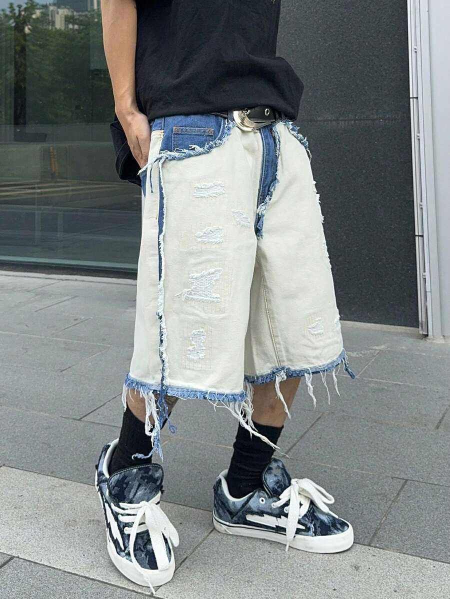 Men's Contrast Color Fringe Casual Denim Shorts