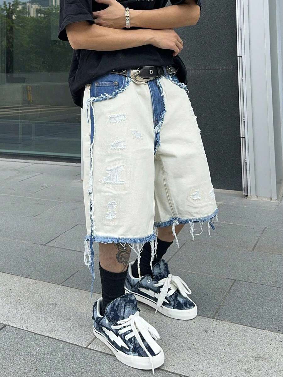 Men's Contrast Color Fringe Casual Denim Shorts