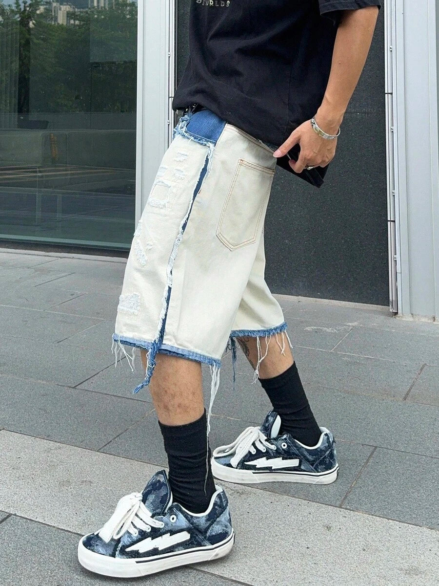 Men's Contrast Color Fringe Casual Denim Shorts
