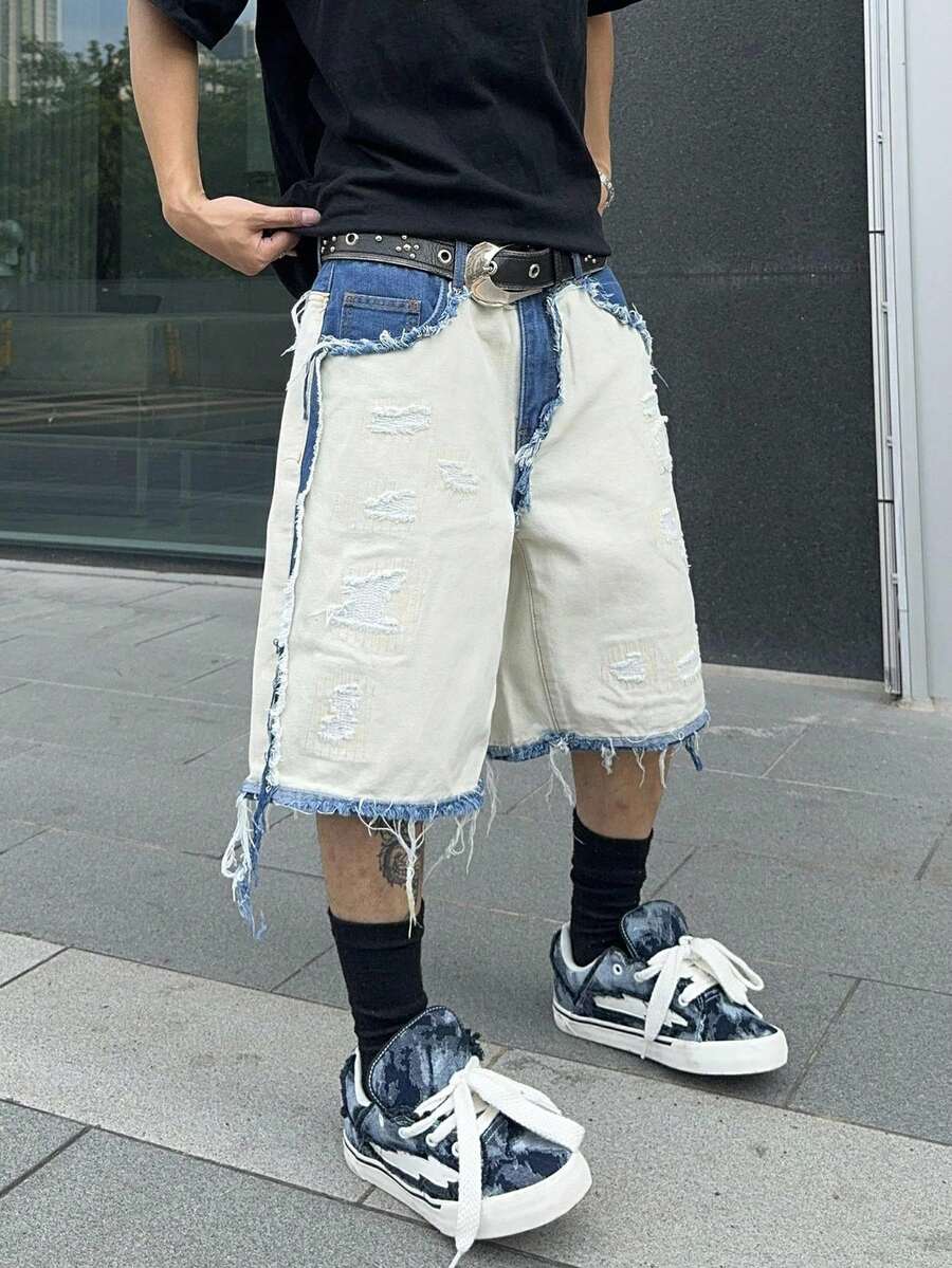 Men's Contrast Color Fringe Casual Denim Shorts