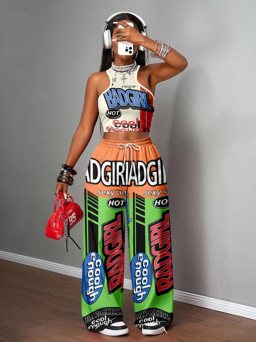 2pcs Women Casual Tight Camisole And Loose Pants Set