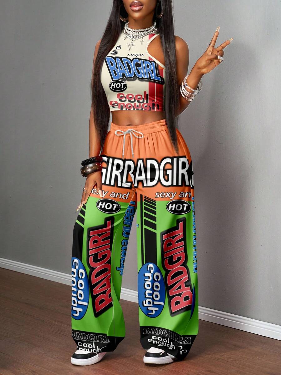 2pcs Women Casual Tight Camisole And Loose Pants Set