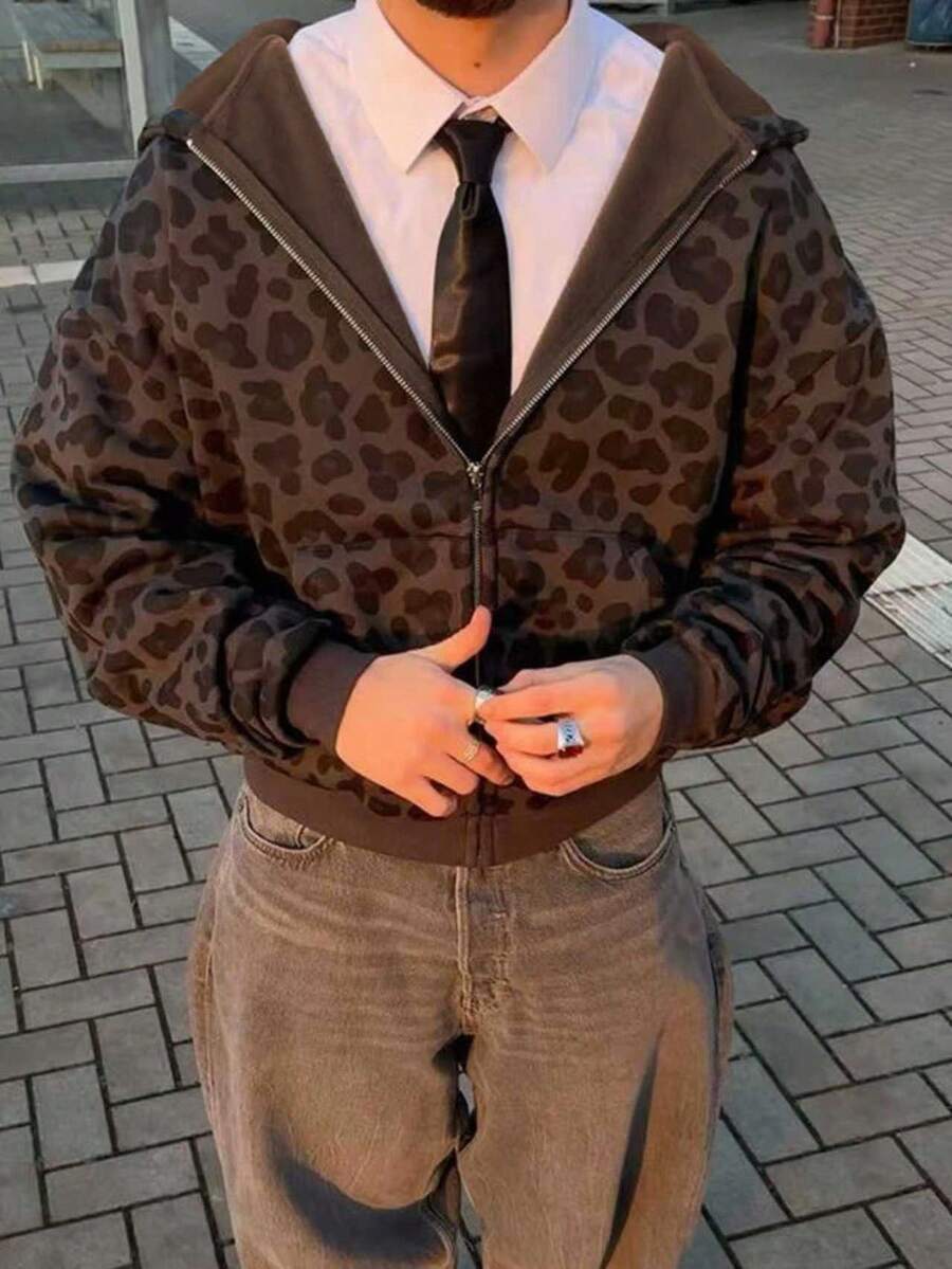 Leopard Print Casual Loose Fit Zip-Up Hoodie