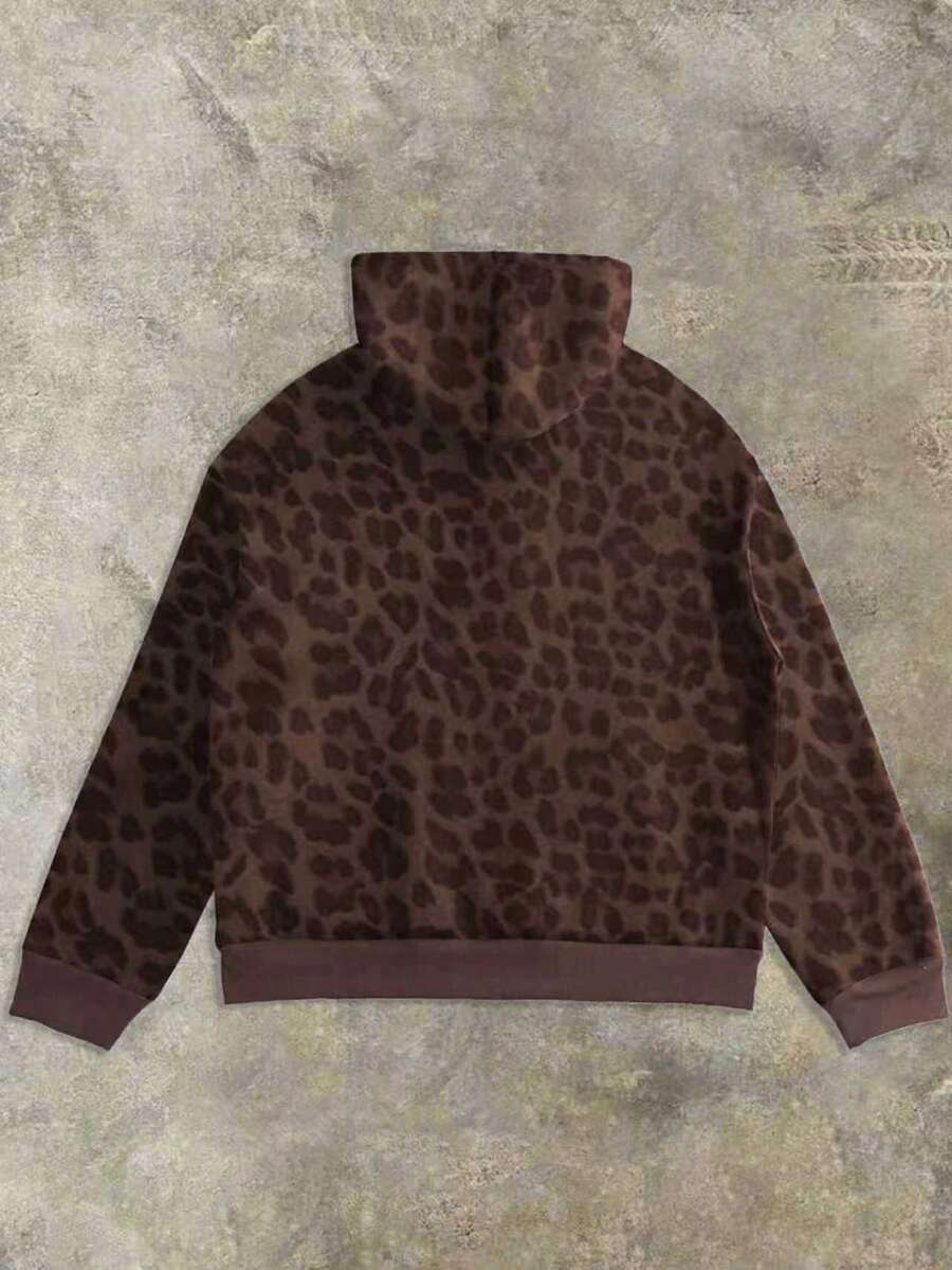 Leopard Print Casual Loose Fit Zip-Up Hoodie