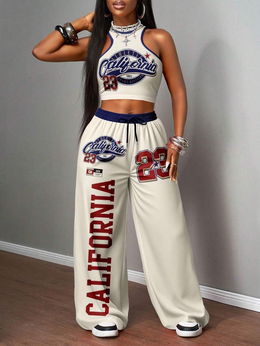 2pcs Women Casual Tight Camisole And Loose Pants Set