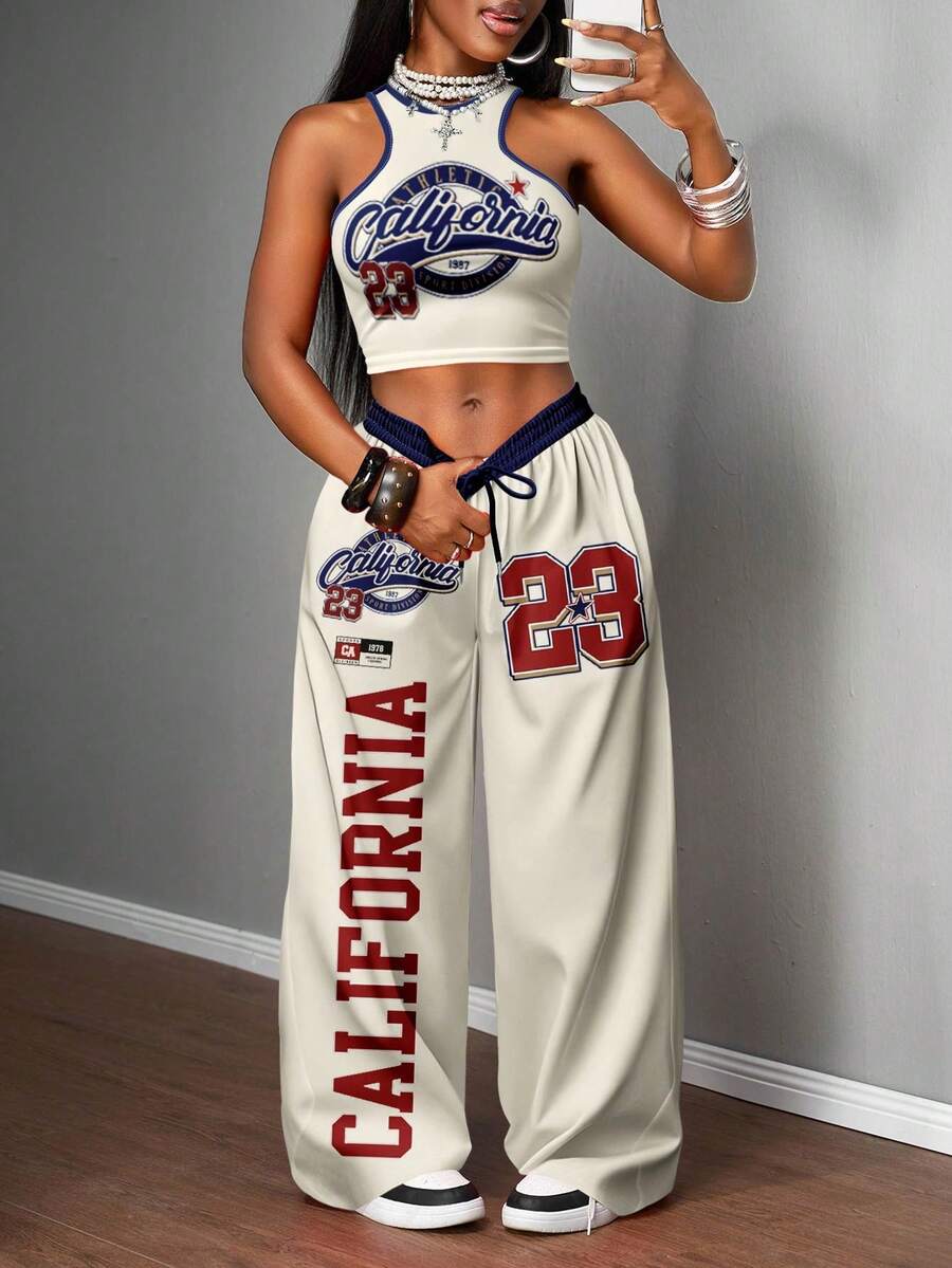 2pcs Women Casual Tight Camisole And Loose Pants Set