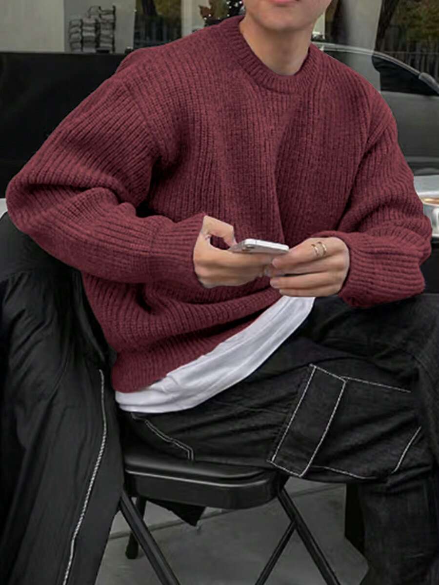Men's Knit Drop Shoulder Crew Neck Pullover Sweater