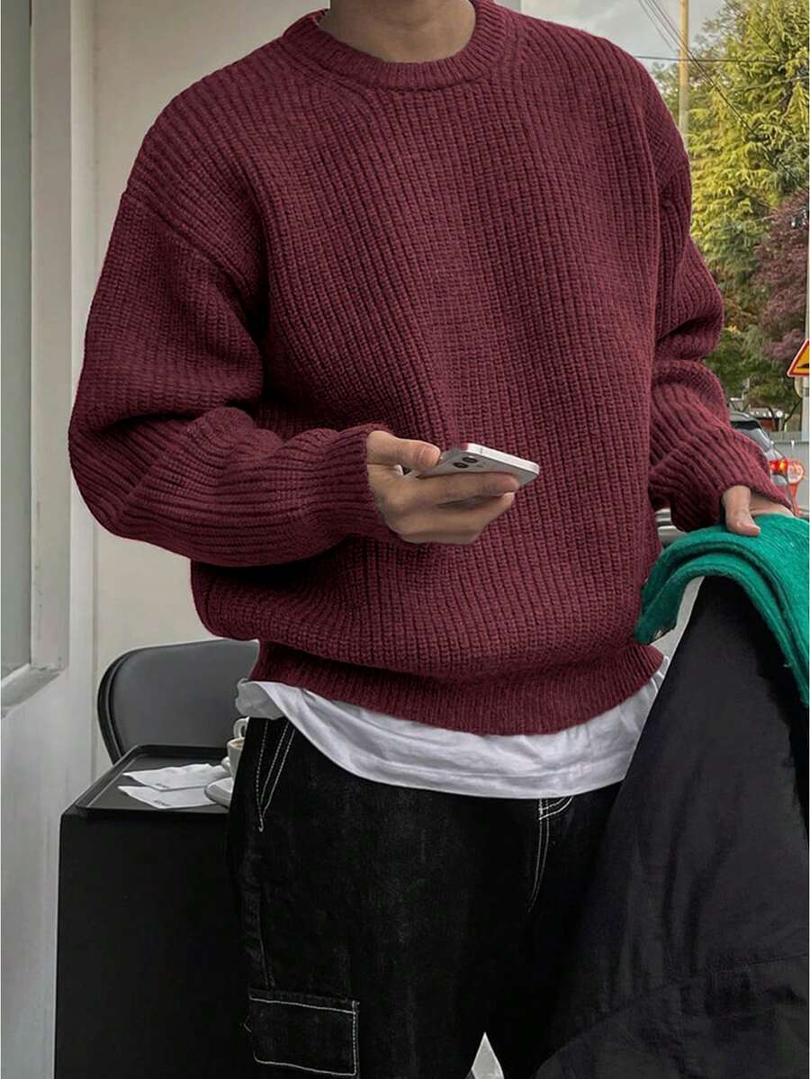Men's Knit Drop Shoulder Crew Neck Pullover Sweater